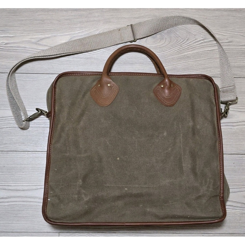 Vintage LL Bean Canvas & Leather Handle Briefcase Bag w/ Strap Green/Brown